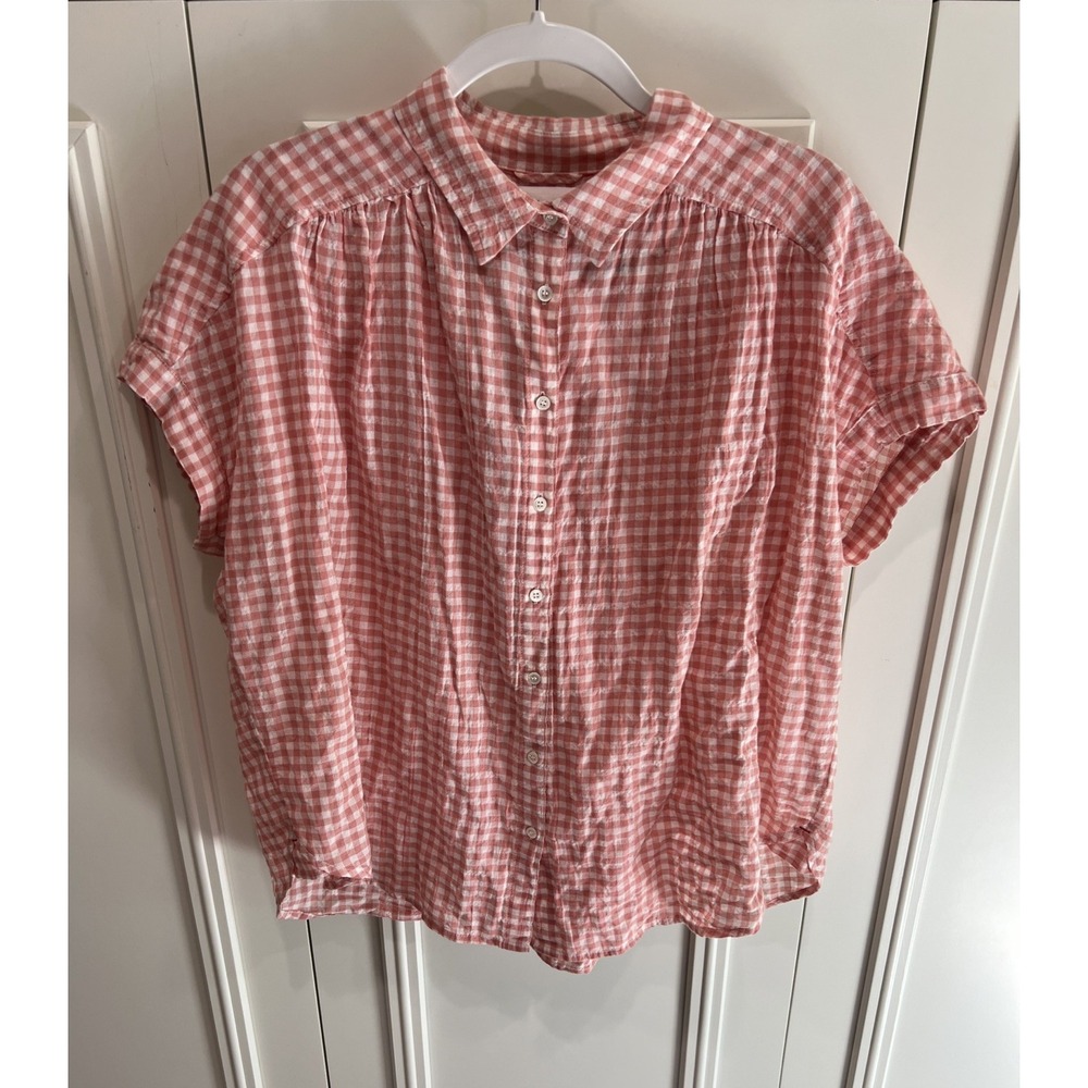 Xirena Gauze Pink & White Gingham Button Up Shirt Oversized Soft Girl Western